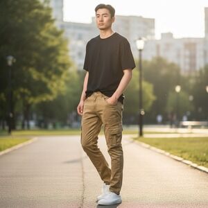 Serenede Mens Slim Fit Cargo Pants Khaki Tan Washed Stretch Sz 30x30 Streetwear